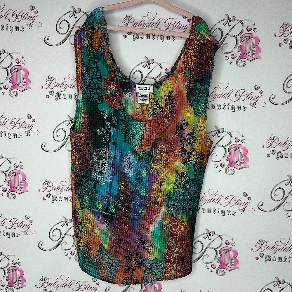 Nicola tank top 3D pleated cube square print paisley tie dye boho floral y2k